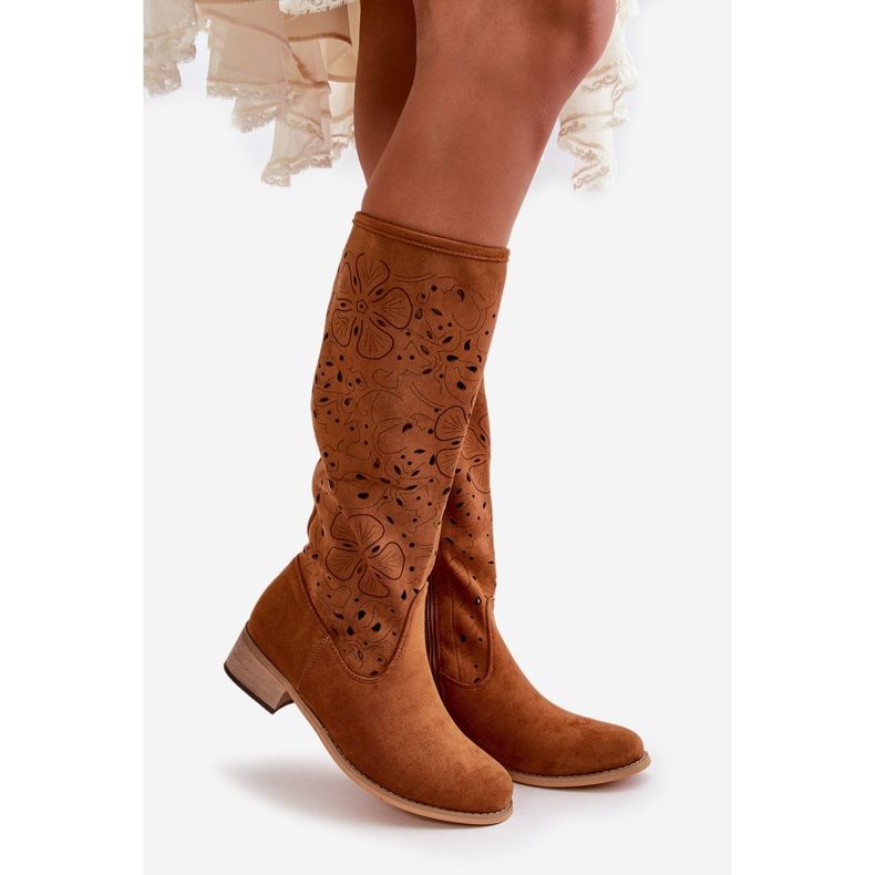 Genombrutna damstövlar på låga klackar Ekomocka med dragkedja Camel Orchides brun 1