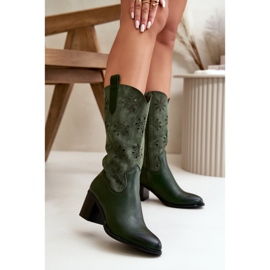 Jezzi Kvinnors genombrutna mid-kalfstövlar gjorda av ekomockagrön Nevilos 2