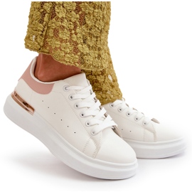 Låga sneakers för kvinnor på en plattform gjorda av ekologiskt läder, vitt och rosa, Nevelena 10