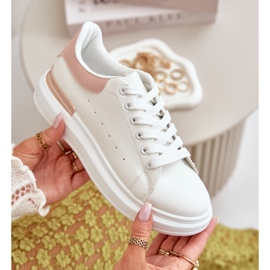Låga sneakers för kvinnor på en plattform gjorda av ekologiskt läder, vitt och rosa, Nevelena 9