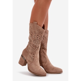 Genombrutna cowboystövlar för kvinnor på höga klackar Eco Mocka Beige S.Barski HY42-028 1