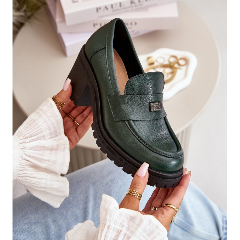 Zazoo 20168 eleganta lågklackade skor för kvinnor, naturligt läder, mörkgrön 2