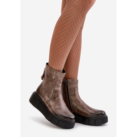 Zazoo 60369 Ankelstövlar i läder för kvinnor på plattformen, mörkbeige 1