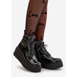 Zazoo 60499 Patent damstövlar på plattform och kil Varmt naturligt läder Mörkgrönt svart 1