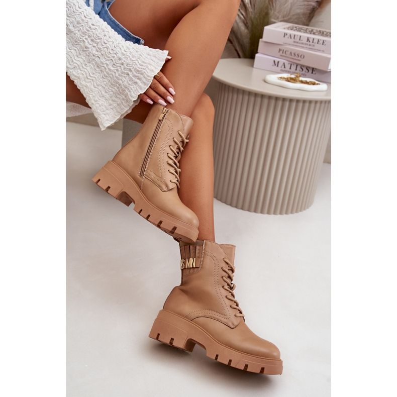 Arbetarstövlar för kvinnor med dragkedja, snörning, beige ekologiskt läder Naolani 2