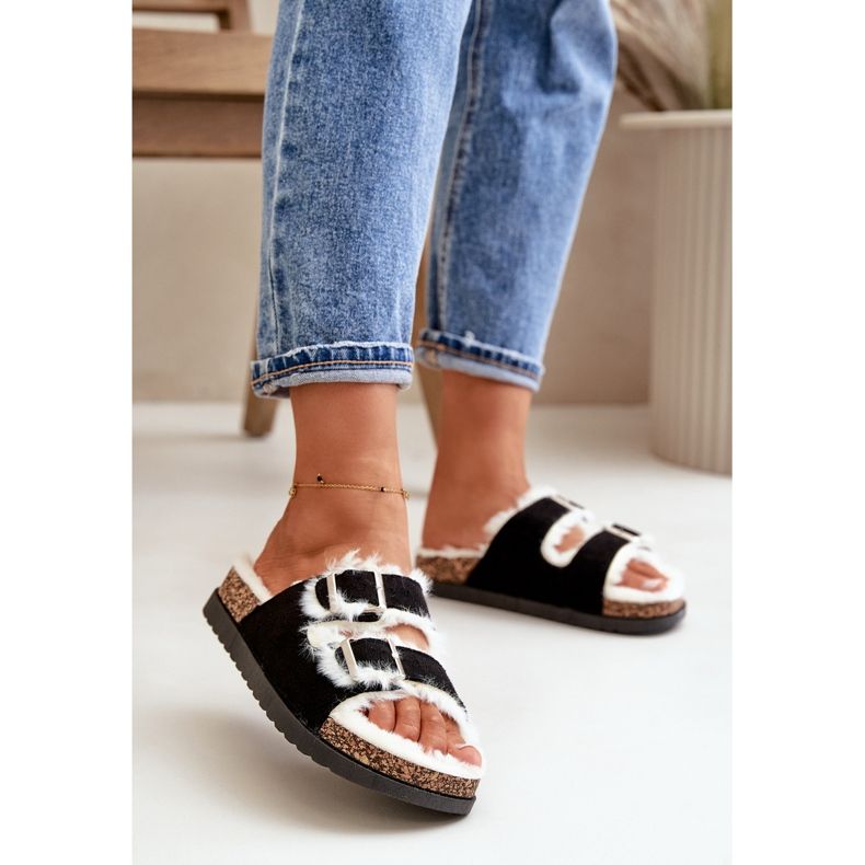 Damtofflor Flip-flops med spännen och päls, svart Ezilena 2