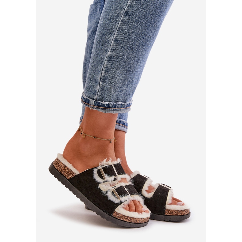 Damtofflor Flip-flops med spännen och päls, svart Ezilena 1