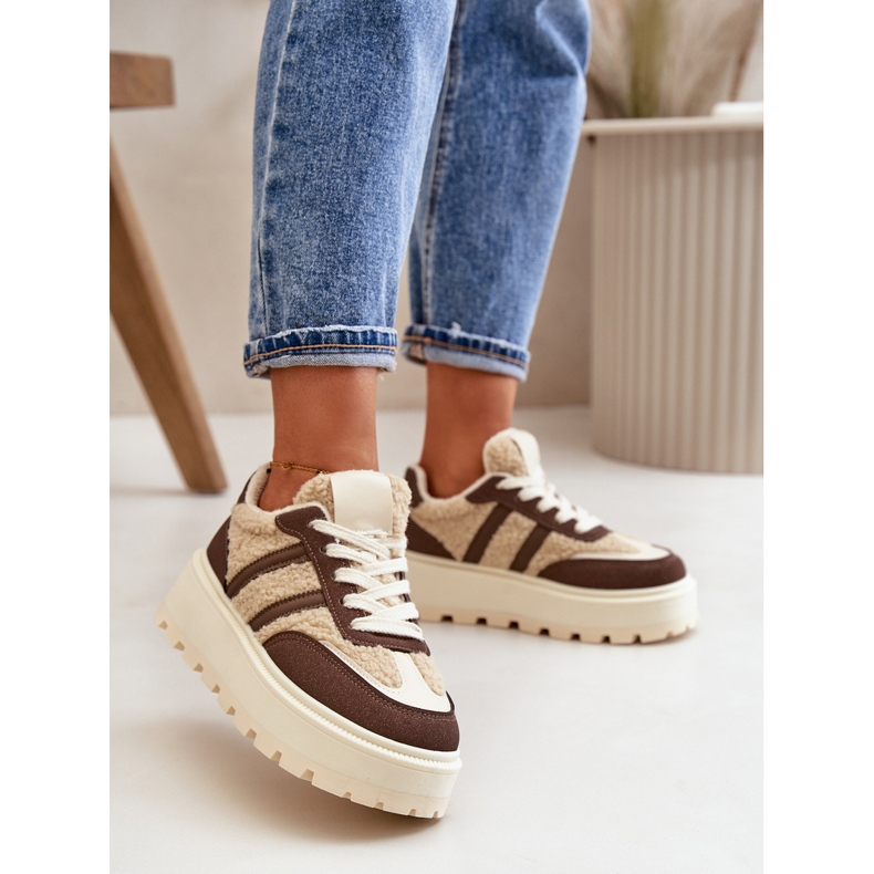 Isolerade plattformssneakers för kvinnor med fårskinn, brun Daivlene 2