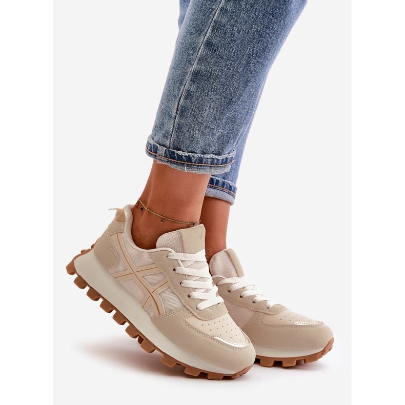 Sneakers med snörning för kvinnor, sportskor på plattformen, Beige Mialunae 1