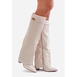 Ekoläderstövlar för kvinnor med uppvikt ovandel på högklackat ljusbeige Avamora 1