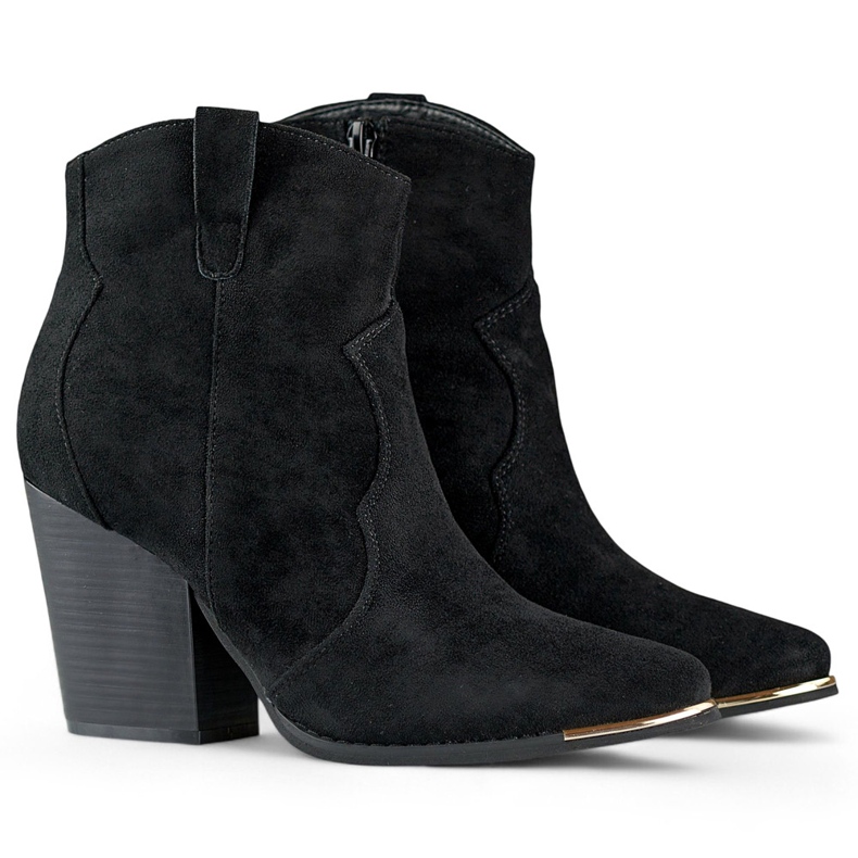 Svarta klassiska damcowboystövlar i mocka med hög klack 1