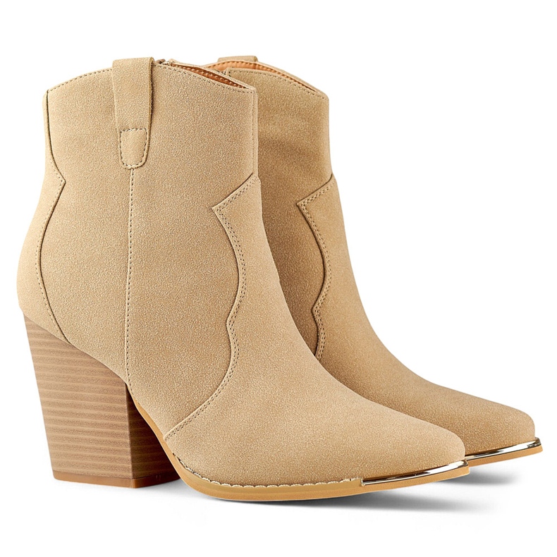 Beige klassiska cowboystövlar i mocka för kvinnor med hög klack 1
