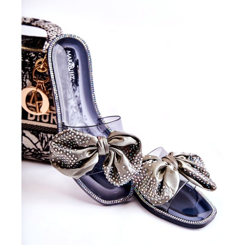 Kvinnors gummipipflops med en båge och svartgrå zirkoner 1