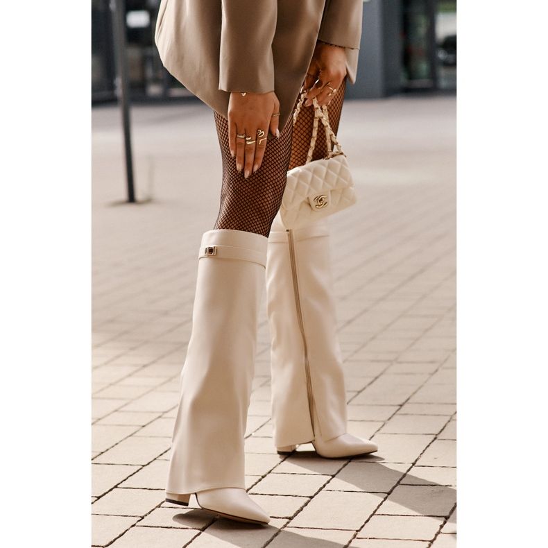 Ekoläderstövlar för kvinnor med uppvikt ovandel på högklackat ljusbeige Avamora 2