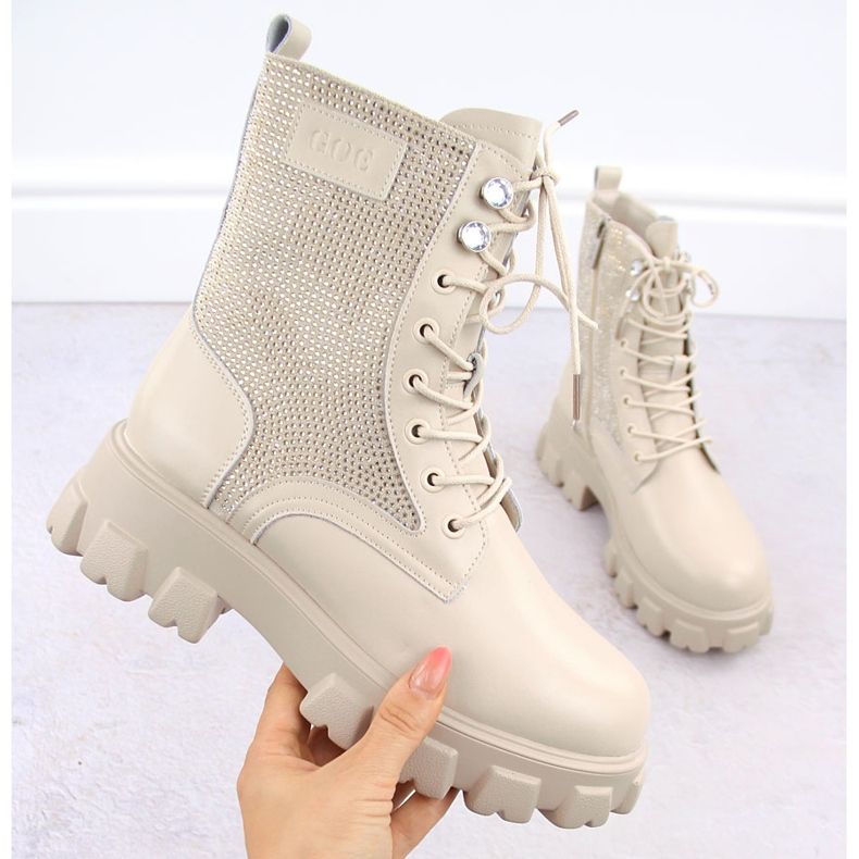 Ankelstövlar i läder med strass, beige Goe OO2N4108 1
