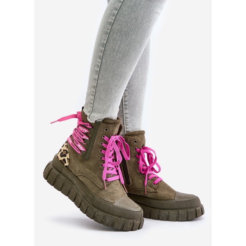 Damstövlar på Plattformen med dekorativ snörning, Leopardgrön Edidda 1