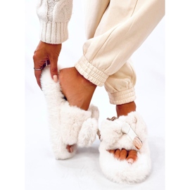 Burano Beige pälstofflor med rosett och nallebjörn 2