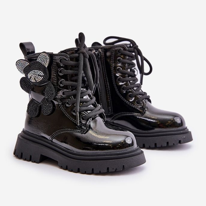 Isolerade ankelstövlar för flickor med nallebjörn och dragkedja, patentsvarta Relobia 1