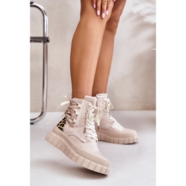 Plattformstövlar dam med dekorativ snörning, leopard ljusbeige Edidda 2