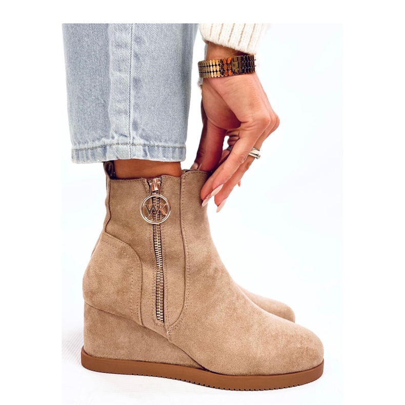 Khaki wedge ankelboots med gulddragkedja beige 1