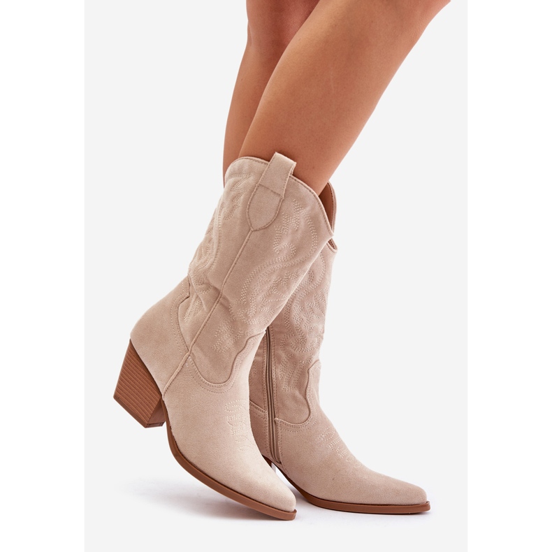 Cowboystövlar med hög klack för kvinnor gjorda av ekomocka Ljusbeige Wendlis 1