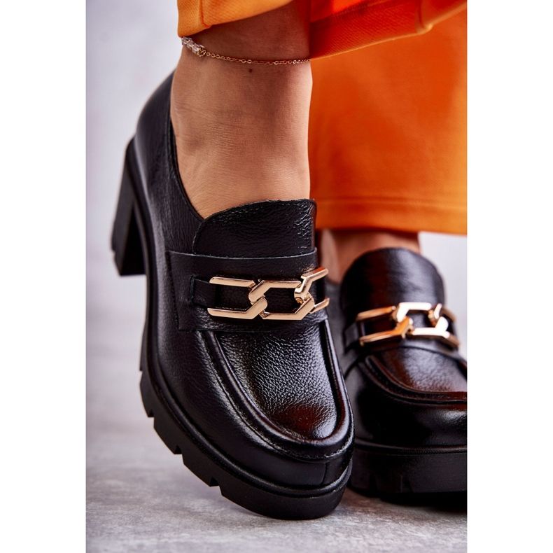 Lemar Svart Läder Högklackat Skor Med Gulddekoration 1