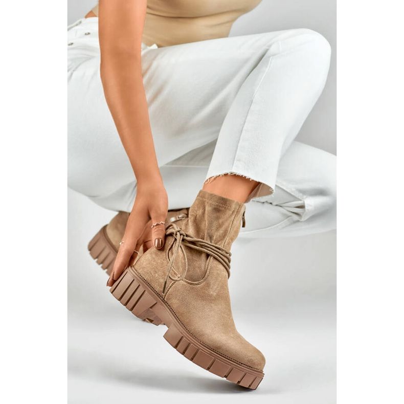 Ankelboots för damer med elastisk snörning ovandel, beige DE1127NU 1