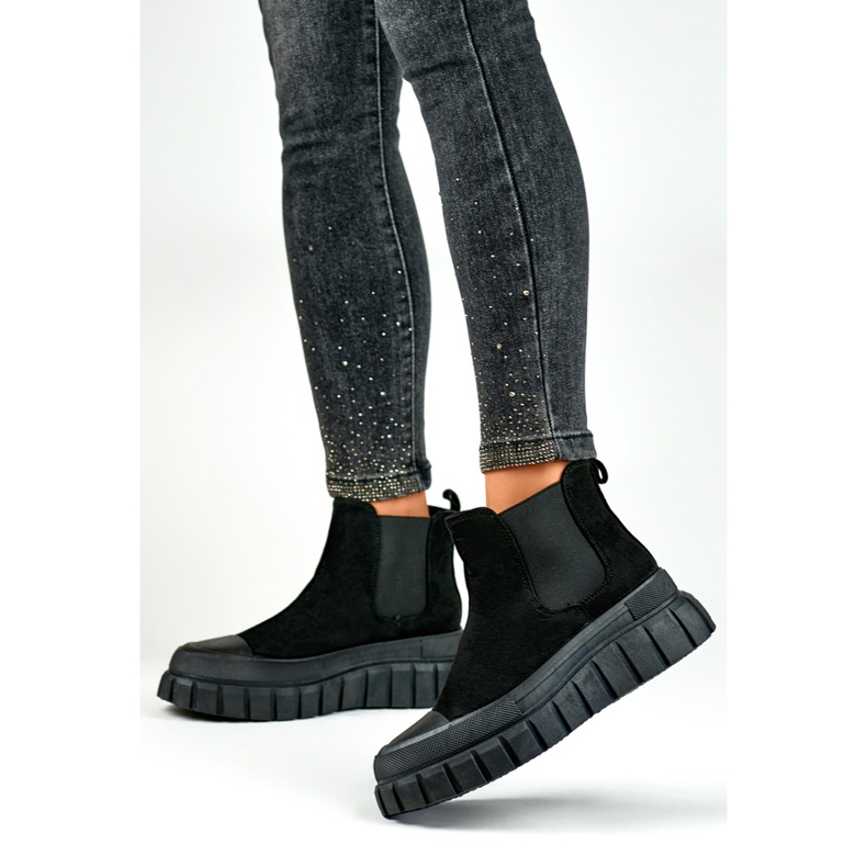 Chelsea-stövlar för damer, slip-on ankelstövlar i mocka svart A1006B 1