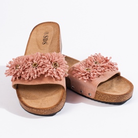 Damtofflor i mocka med rosa blommor 2