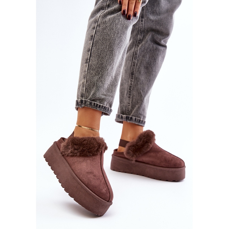 Plattformtofflor för kvinnor med päls, brun linaris 1