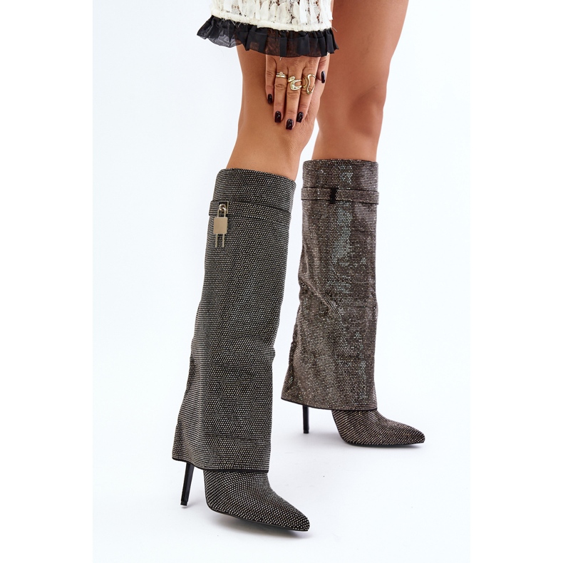 Svarta Enathlin-dekorerade Slip-On högklackade stövlar med nedfällbart skaft 2