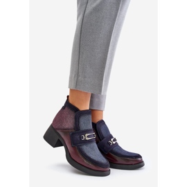 Läderkängor för kvinnor på massiva klackar med dekoration Maciejka 06747-23 Burgundy-Marinblå röd 1