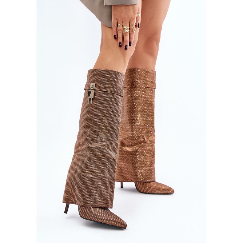 Dekorerade Slip-On högklackade stövlar med nedfällbart skaft Brun Enathlin 2