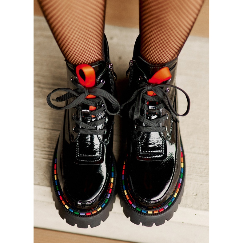 Svart Anafra Läder Patent Worker Stövlar med dragkedja 2