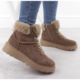 Kvinnors läderstövlar med päls på den bruna plattformen Rieker 70402-24 beige 5