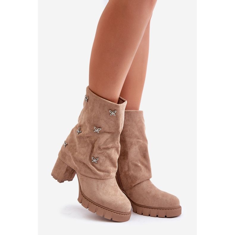 Dekorerade ankelboots med uppvikt ovandel på hög klack, Beige Esadora 1