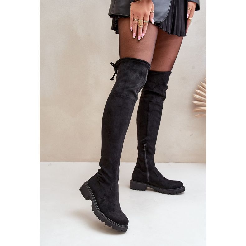 Over-the-knee boots med platt klack av eko-mocka, Black Arkelia svart 2
