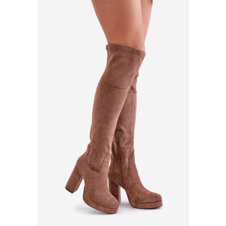 Högklackade och plattformsstövlar med överdel över knäet, Eco Mocka Mörk Beige Zistaria 1
