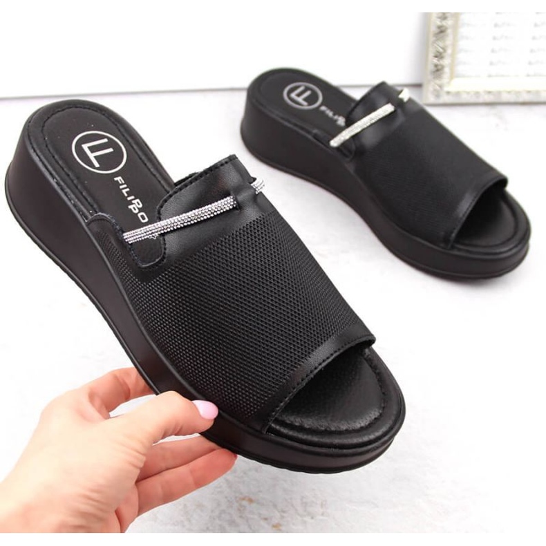 Filippo W PAW538A svart läder wedge mules 1