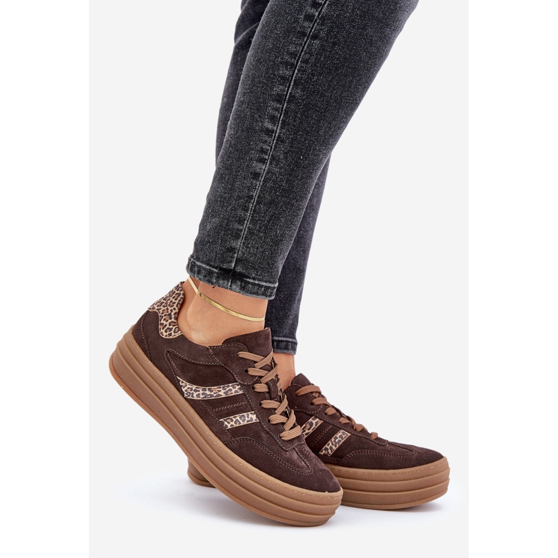 Zazoo N1176 Sneakers i mocka på leopardplattformen, choklad brun 1