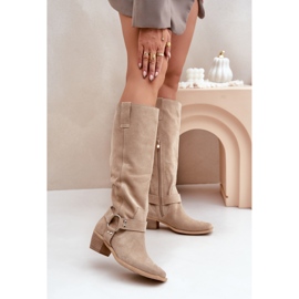 Mockastövlar på låga klackar med ovandel ovanför knäet Zazoo 3444/O ljusbeige 2