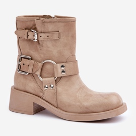Läderstövlar för kvinnor på lågklackat block med remmar Zazoo 3644 Beige 4