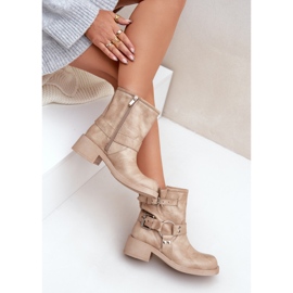Läderstövlar för kvinnor på lågklackat block med remmar Zazoo 3644 Beige 9