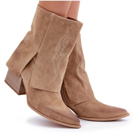 Cowboystövlar i mocka på hög klack med uppvikt ovandel Zazoo 3488 Beige 10