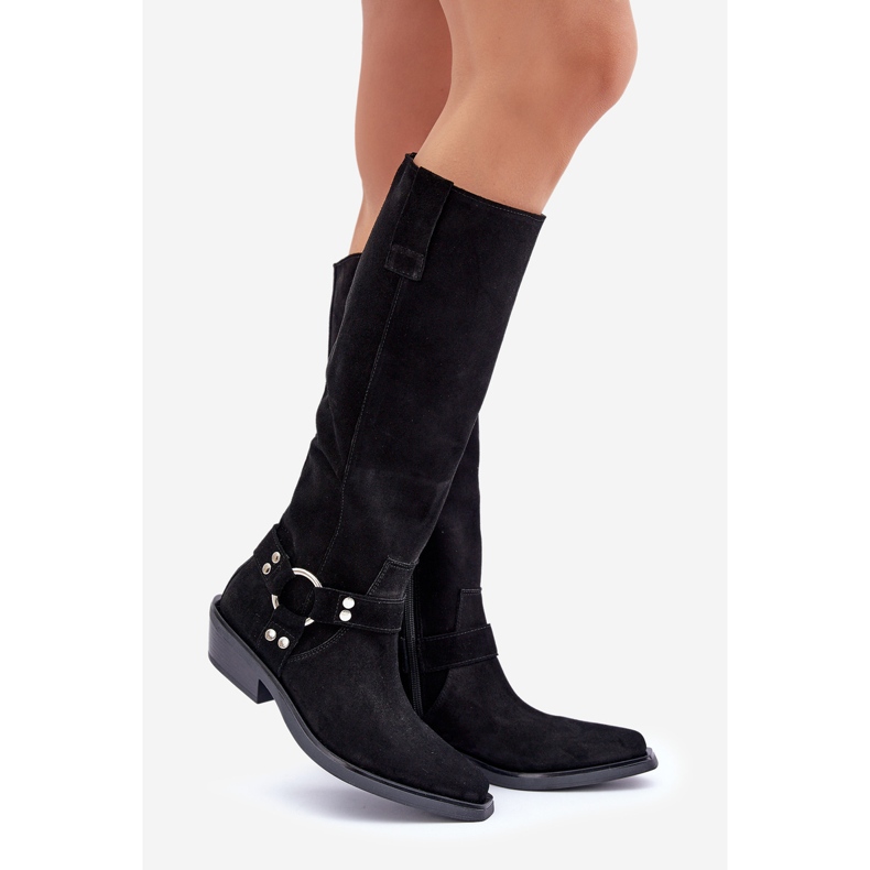 Cowboystövlar i mocka på låga klackar med dekoration Zazoo 3656 Svart 1