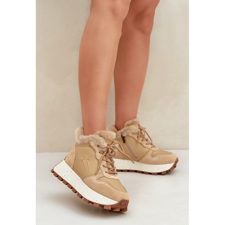 Läder Trapper Sneakers för kvinnor med päls på Big Star Platform OO274A330 Beige 2