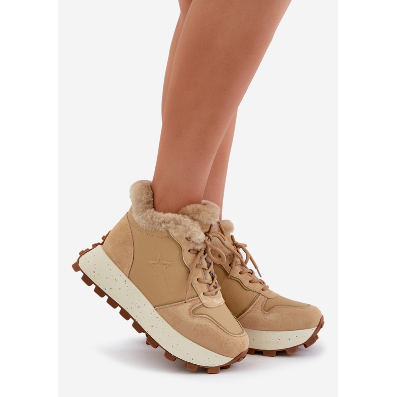 Läder Trapper Sneakers för kvinnor med päls på Big Star Platform OO274A330 Beige 1