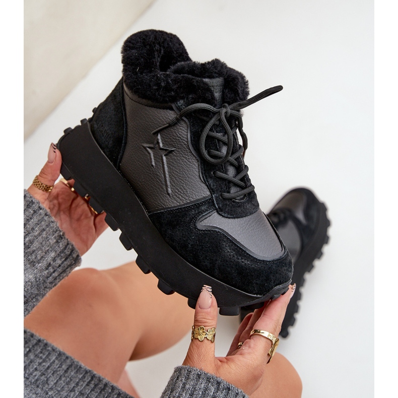 Läder Trapper Sneakers för kvinnor med päls på Big Star Platform OO274A329 Svart 2