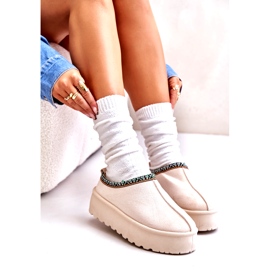 Kvinnors tofflor på plattformen med lätt beige broderi 3