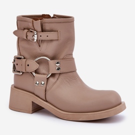 Läderstövlar för kvinnor på lågklackat block med remmar Zazoo 3644 Beige 4